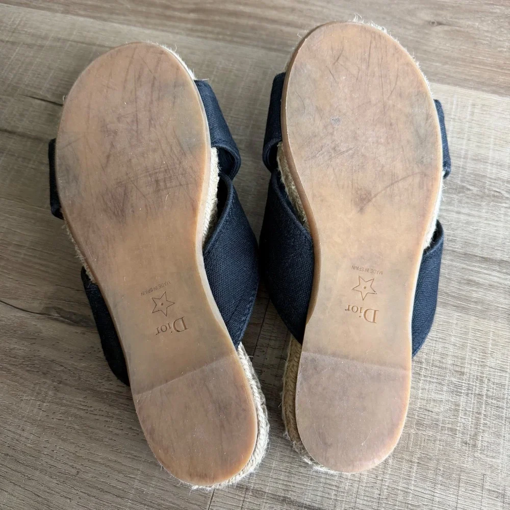 Christian Dior D-Way Espadrille Slides Black Canvas Cross Strap Sandals 37.5